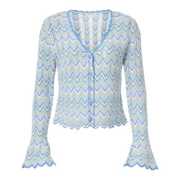 Derek Lam Collective Cardigan Sweater Top Blue Crochet Knit...